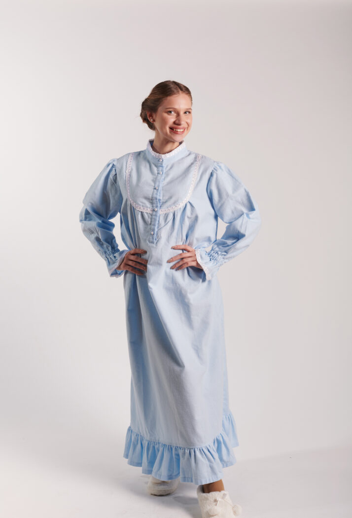 כותונת נשים ארוכה בסגנון של פעם,  מפלנל תכלת NIGHTGOWN-7
