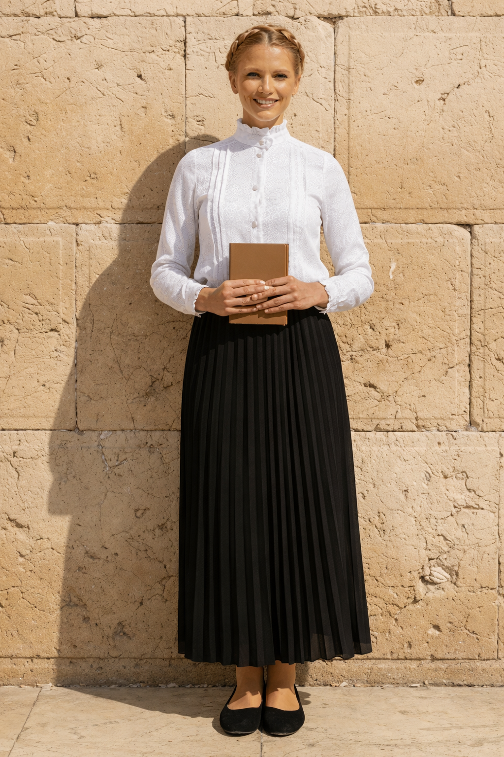 White pleaded Long ladies blouse Blouse with ruffles