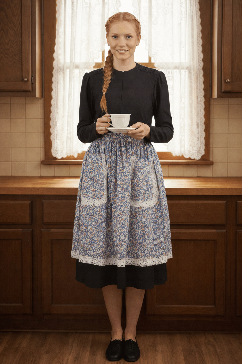 חצי סינר נשי פרחוני עם תחרה Apron-Cb